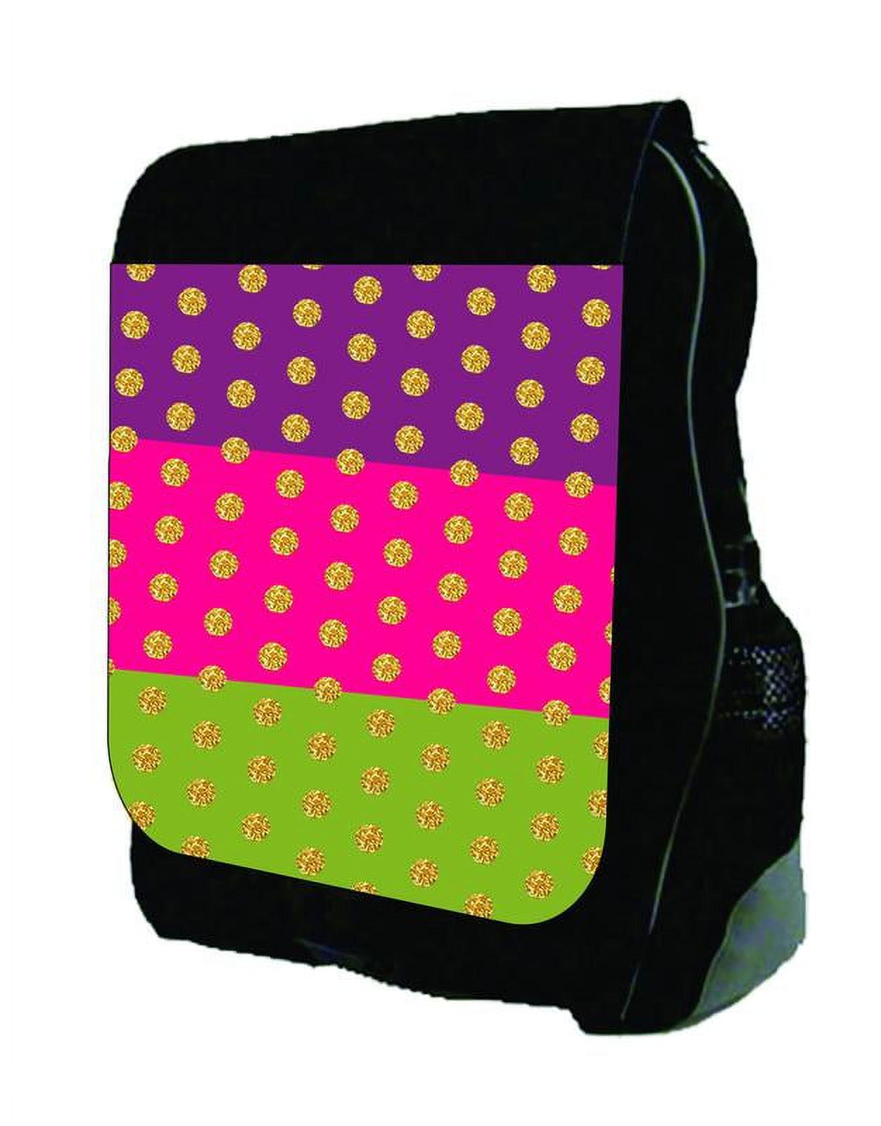 Purple, Hot Pink, Lime Colorblocked Stripes with Gold Polka Dots  - Black School Backpack - image 2 of 4