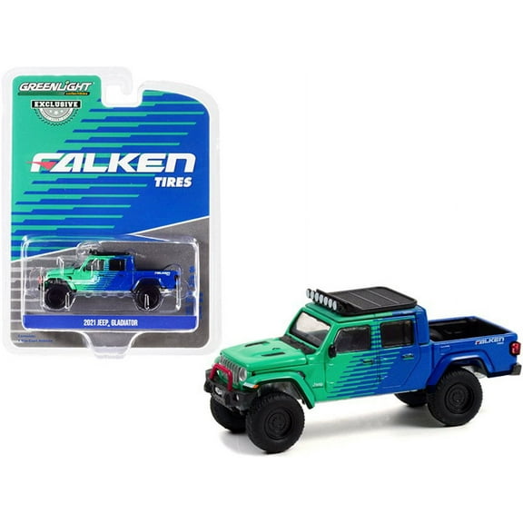 Falken Tires 2021 Jeep Gladiator Pickup Truck with Off-Road Parts, Green and Blue - Greenlight 30298/48 - 1/64 scale Diecast Model Toy Car