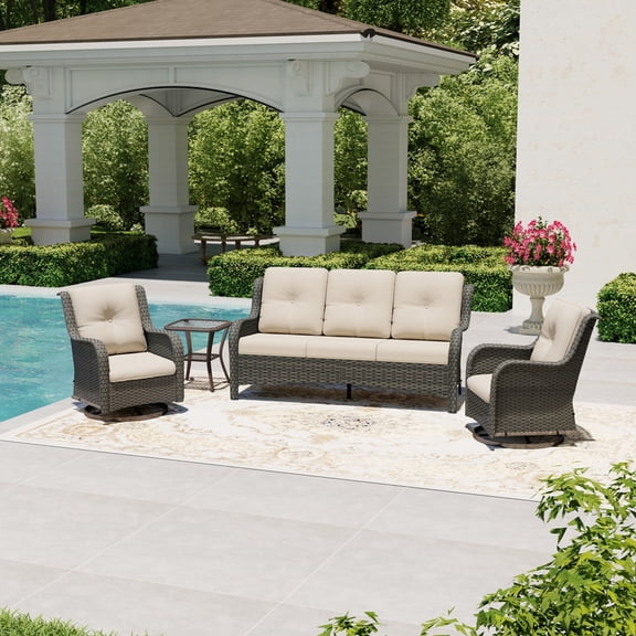 Joyside 4 Piece Wicker Patio Set with 3-Seat Sofa, 2 Swivel Rocking Chairs & Side Table, Outdoor Furniture Sectional Conversation Set for Deck Porch, Beige
