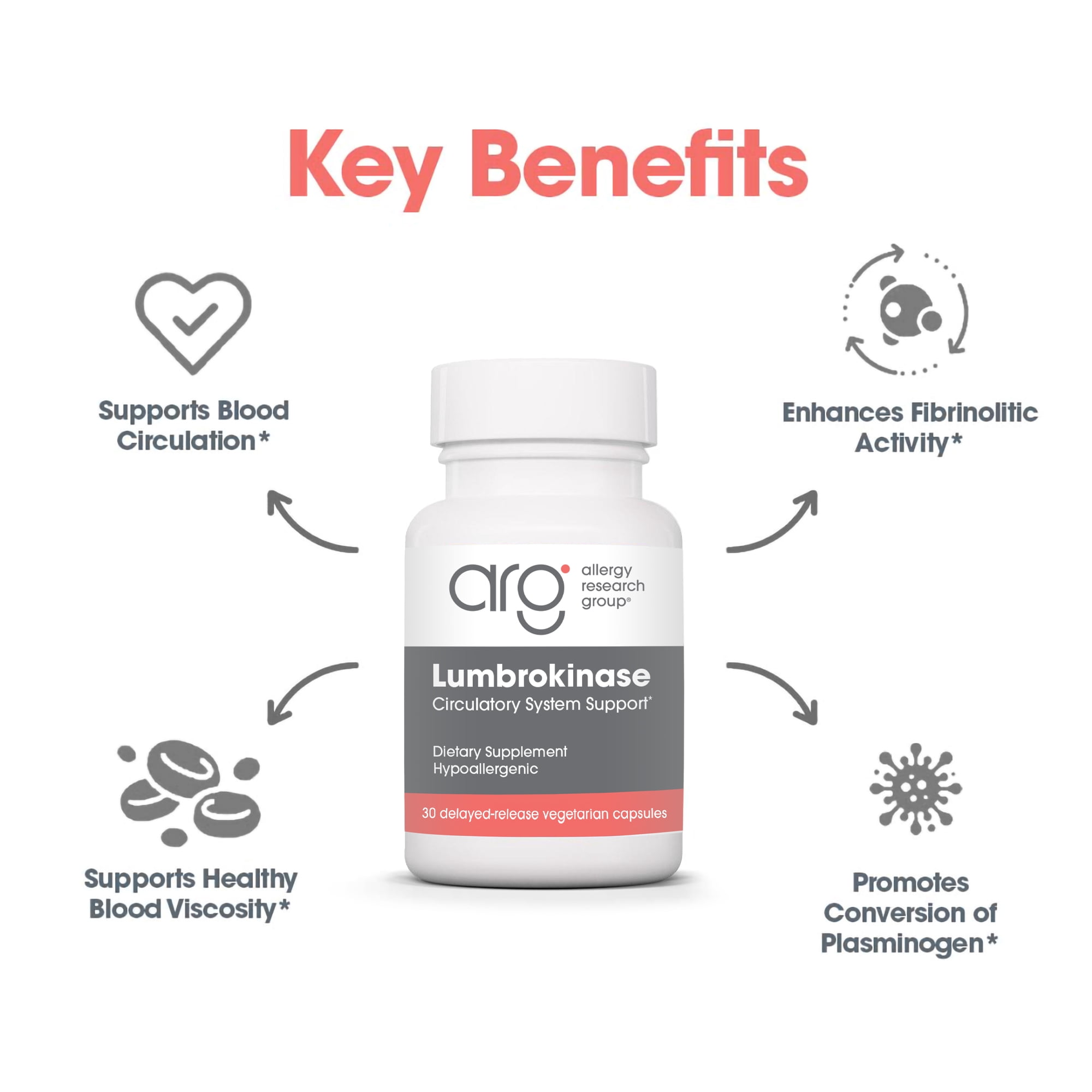 ARG Lumbrokinase - 32 mg Lumbrokinase - Circulatory System Support - Delayed-Release Capsules - Gluten-Free & Non-GMO - 15 Servings - 30 Capsules
