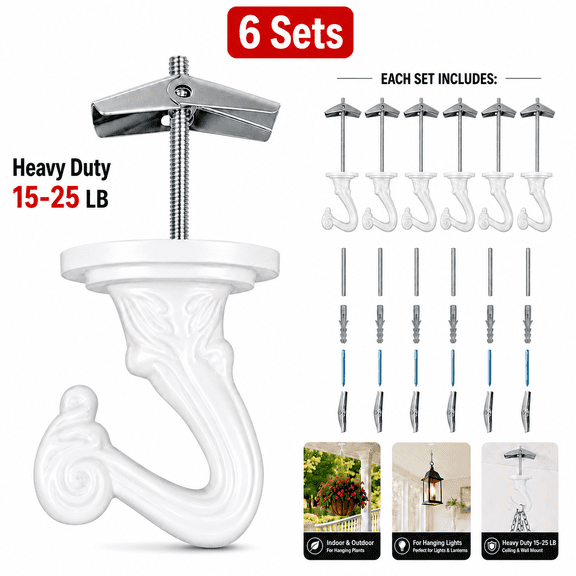 Ustris 6 Set Ceiling Hooks for Hanging Plants,Hanging Hanging Lights Metal Small Hooks,Indoor Outdoor Wall Heavy Duty Plant Hanger Swag Hook (15-25lb Weight Limit)