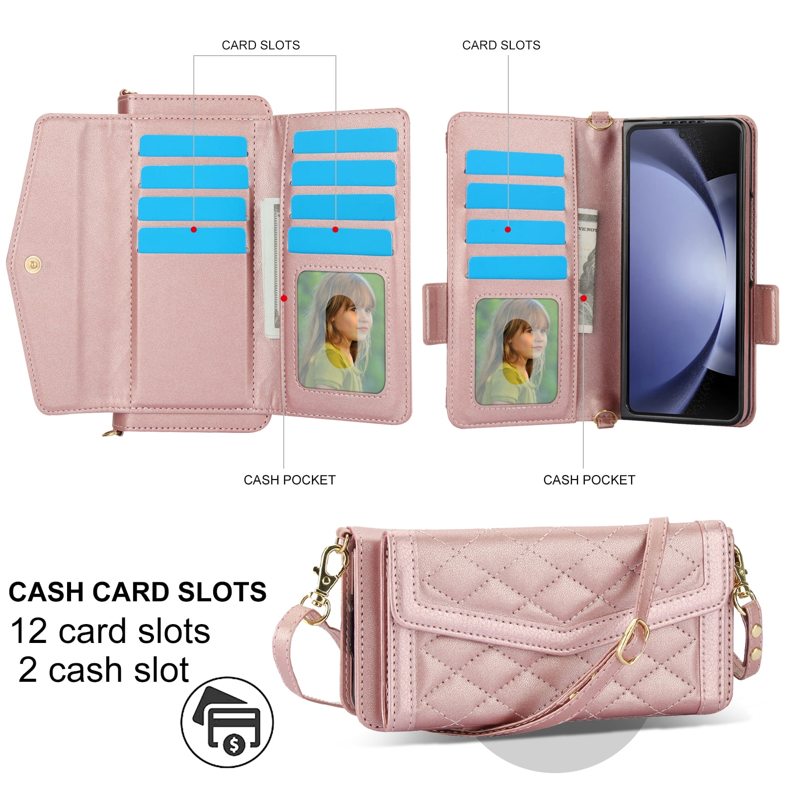for Samsung Galaxy Z Fold 5 Case Wallet with S Pen Holder for Women, 12 Card Holder & 2 Cash Pocket & Shoulder Strap & Wristlet Flip Stand PU Leather Phone Case with RFID Blocking, Rosegold