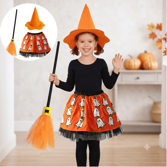 Mifsaly 3 Pack Kids Girls Halloween Witch Costume Sets Tutu Skirt, Magic Brooms and Witch Hat for 4-10 Years