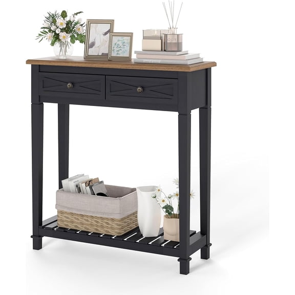 30 Inch Console Table for Entryway, Narrow Entry Table for Living Room Entryway Home w/Drawer and Bottom Shelf, Black