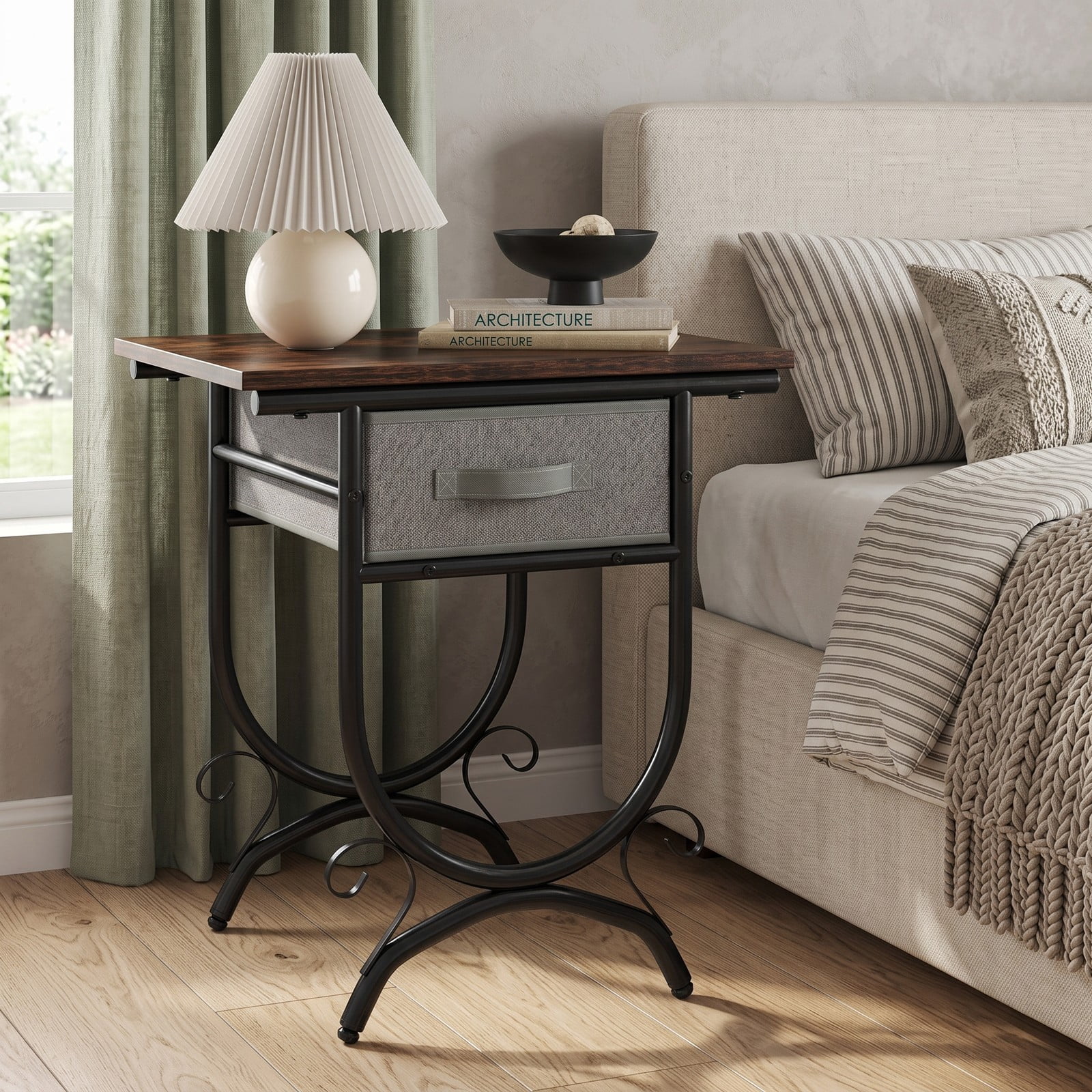 Furnibear Side Table with Fabric Drawer and Carved Metal Frame Nightstand for the Living Room and Bedroom, Black and Gray