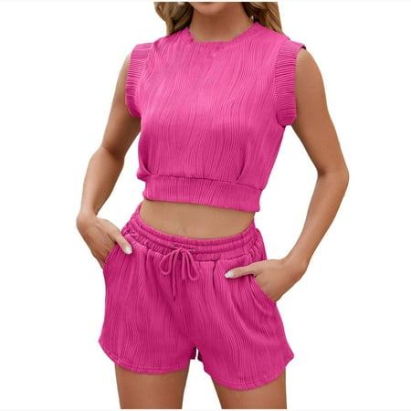 Scyoekwg Womens Sets Clothes Clearance Women 2 Piece Outfits Solid Color Round Neck SleevelessTank Tops Shorts Sprots Set (Pink XXL)