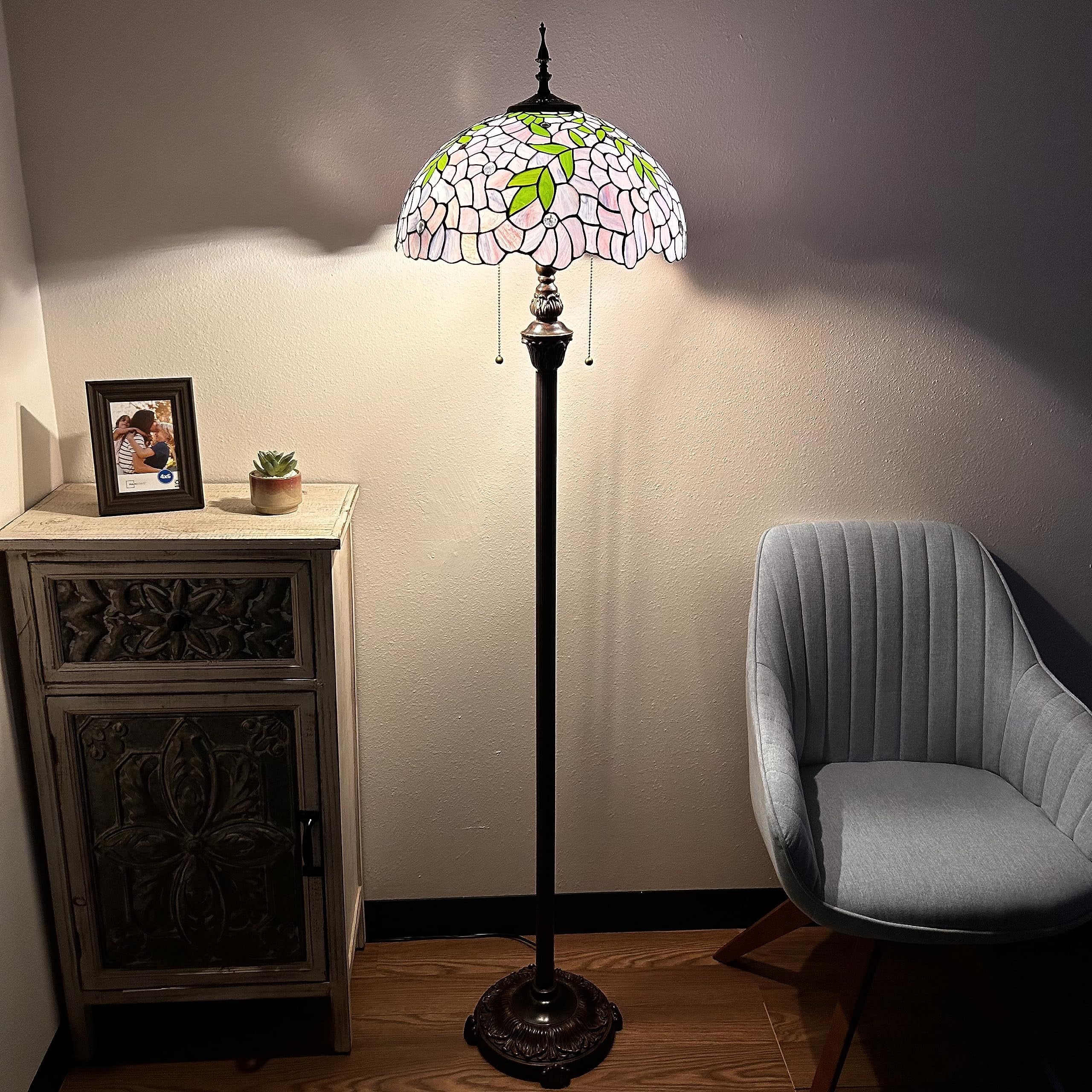 Tiffany Floor Lamp Purple Stained Glass Green Leaves Metal Base LED Bulbs Included For Living Room Bedroom 16"W*16"D*64"H