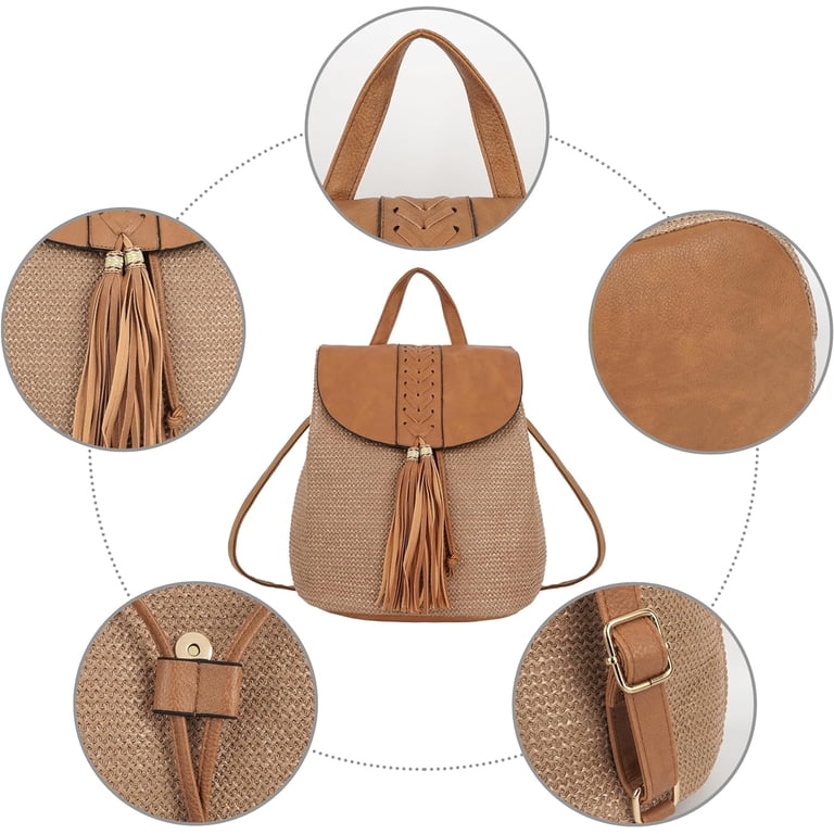 Women Small Braid Tassels Straw Woven Backpack PU Leather  display picture 3