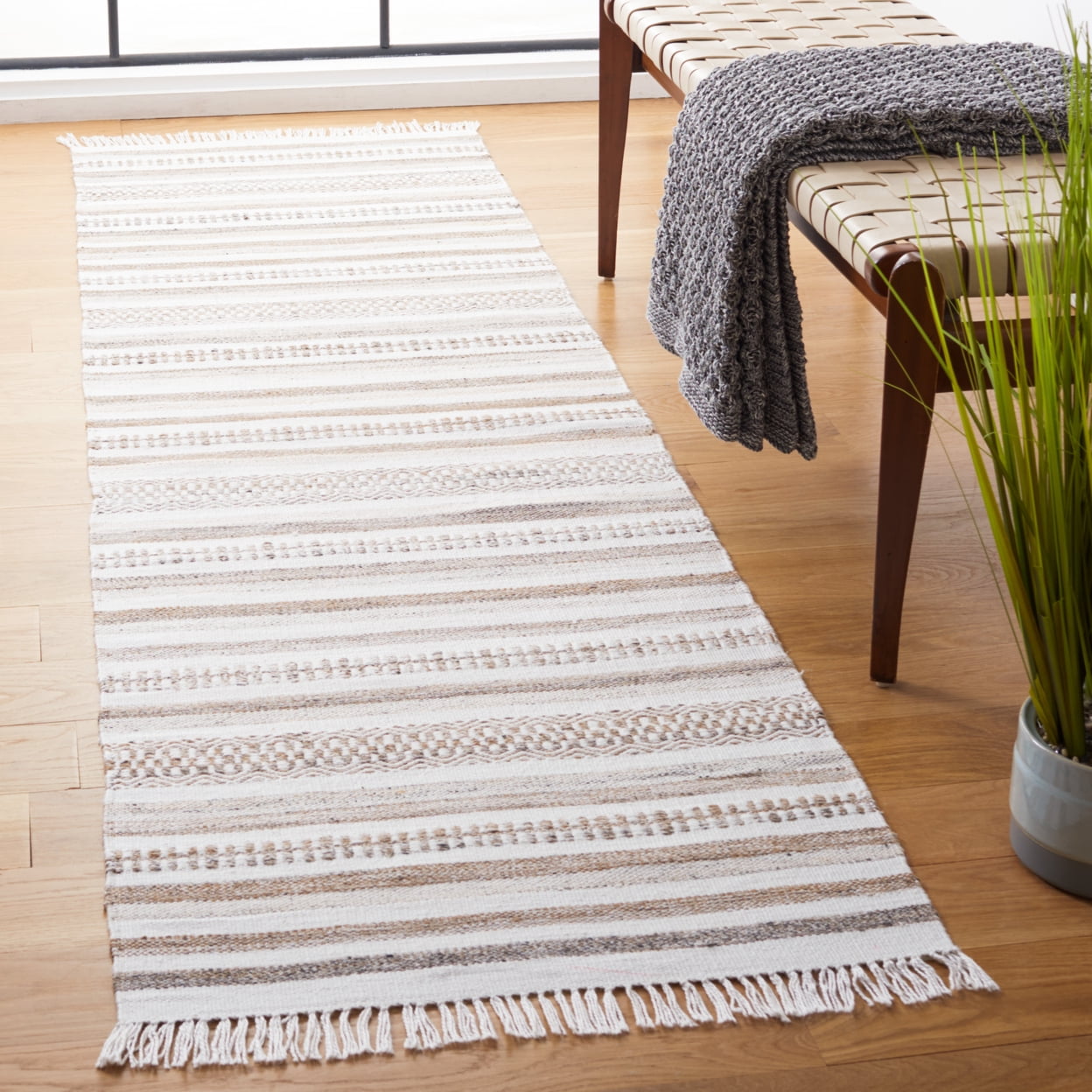 SAFAVIEH Kilim Mandy Striped Polyester Area Rug, Ivory/Light Brown, 6' x 6' Square