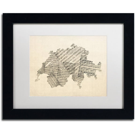 Trademark Fine Art 'Sheet Music Map of Switzerland' Canvas Art by Michael Tompsett, White Matte, Black Frame