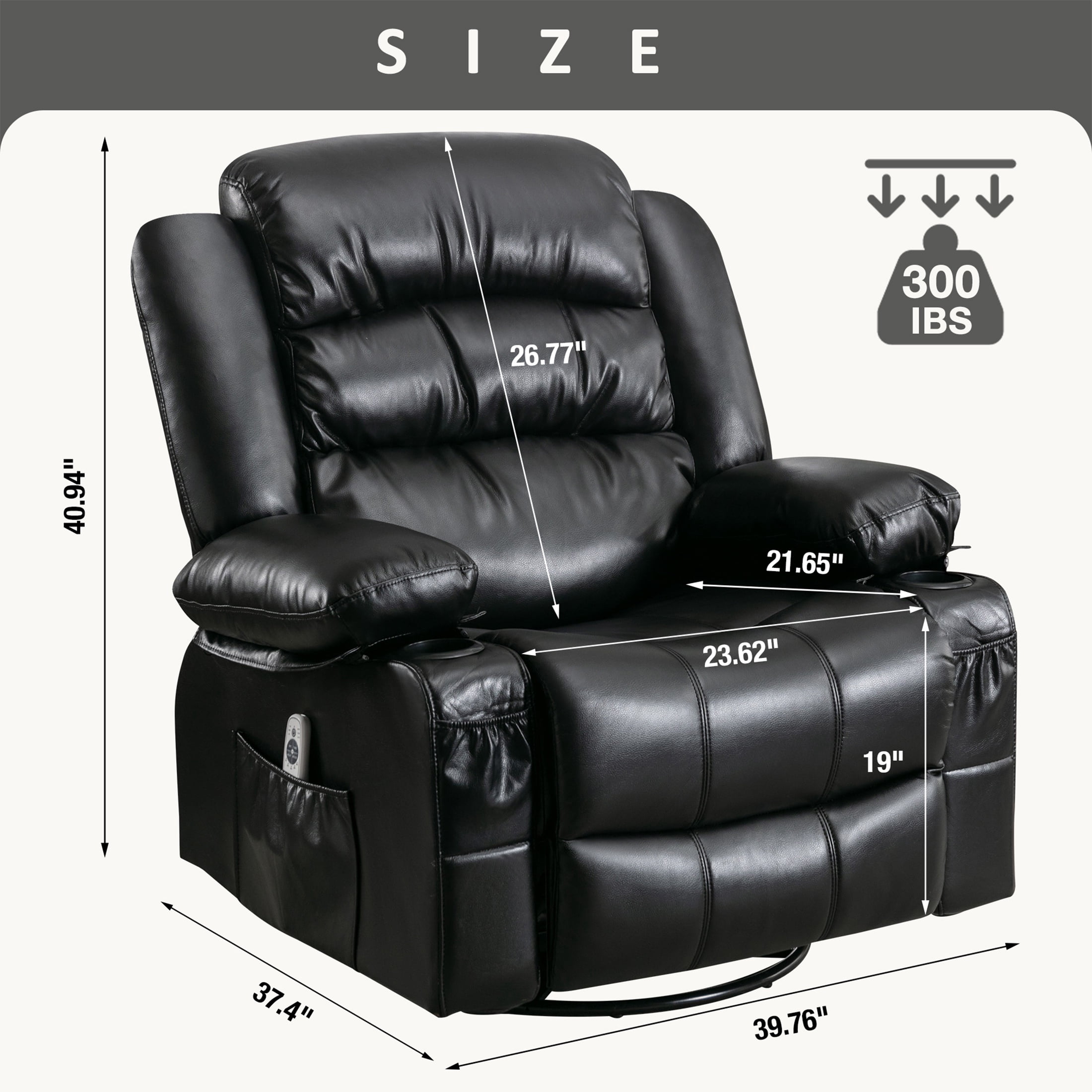 UHOMEPRO Massage Swivel Rocker Recliner Chair, PU Leather Rocking Sofa Home Recliner with Side Pockets Cup Holder and USB Charge Port, 360-degree Rotation, 30-degree Rocking, Black