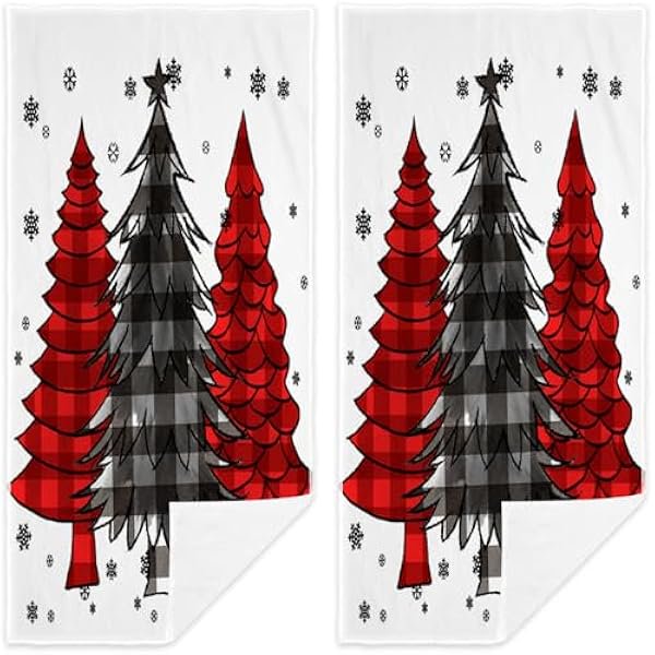 wonima01 Christmas Tree Hand Towels Set of 2 Black Red Buffalo Plaid Check Xmas Trees Snowflake Kitchen Towel for Bathroom Yoga Gym Winter Holiday Farmhouse Decorative Towels 13.8"X29.1"