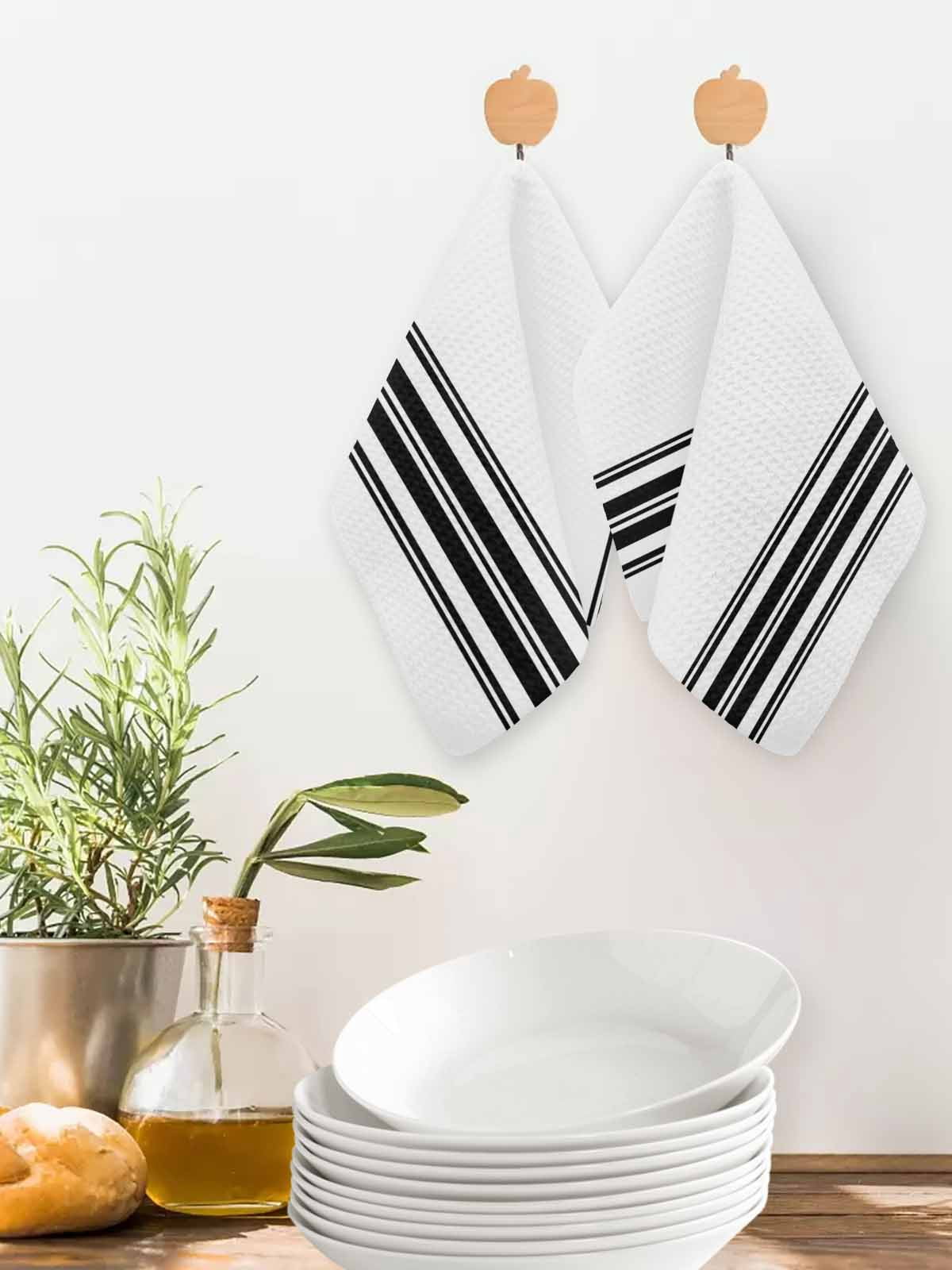 Black White Stripe, Kitchen Dish Towels for Drying Dishes Set of 3, Abstract Geometric Waffle Weave Microfiber Hand Tea Bathroom Towels Quick Dry & Absorbent Towel 12x12