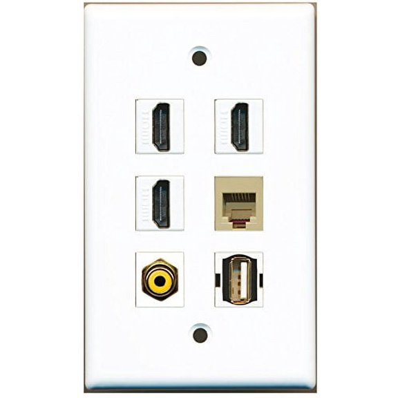 RiteAV - 3 HDMI 1 Port RCA Yellow 1 Port USB A-A 1 Port Phone RJ11 RJ12 Beige Wall Plate