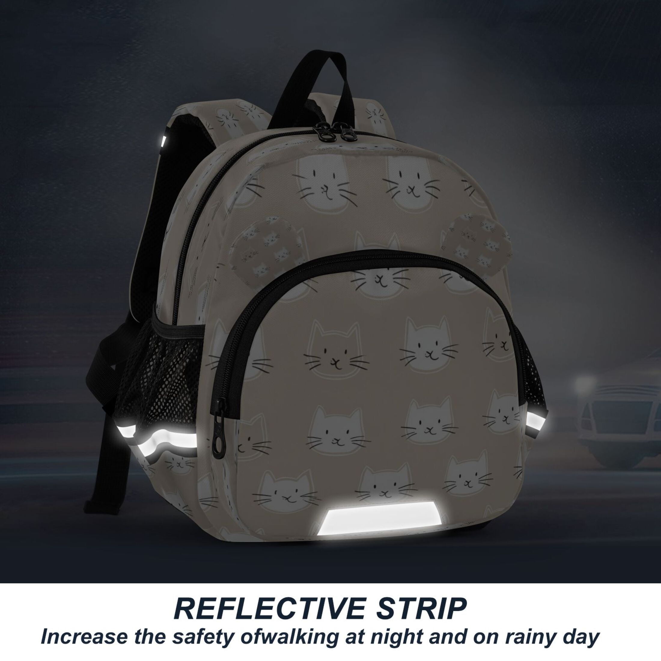 RMDQTR Adorable Ear-Print Backpack with Reflective Strip and Anti-Lost Leash Adjustable Shoulder Straps Mini Travel Backpack White Color Cat Faces