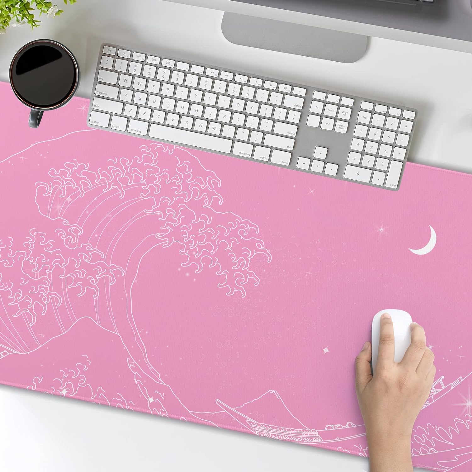 Pink Japanese Anime Gaming Mouse Pad XXL Cute Kawaii Wave Moon Extended Large Desk Mat Big Mousepad Non-Slip Rubber Base Stitched Edge Long Mousepad for Desktop Office PC Computer, 35.4 x 15.7 inches
