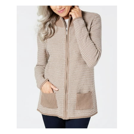 KAREN SCOTT Womens Beige Pocketed Striped Zip Up Jacket Petites PM