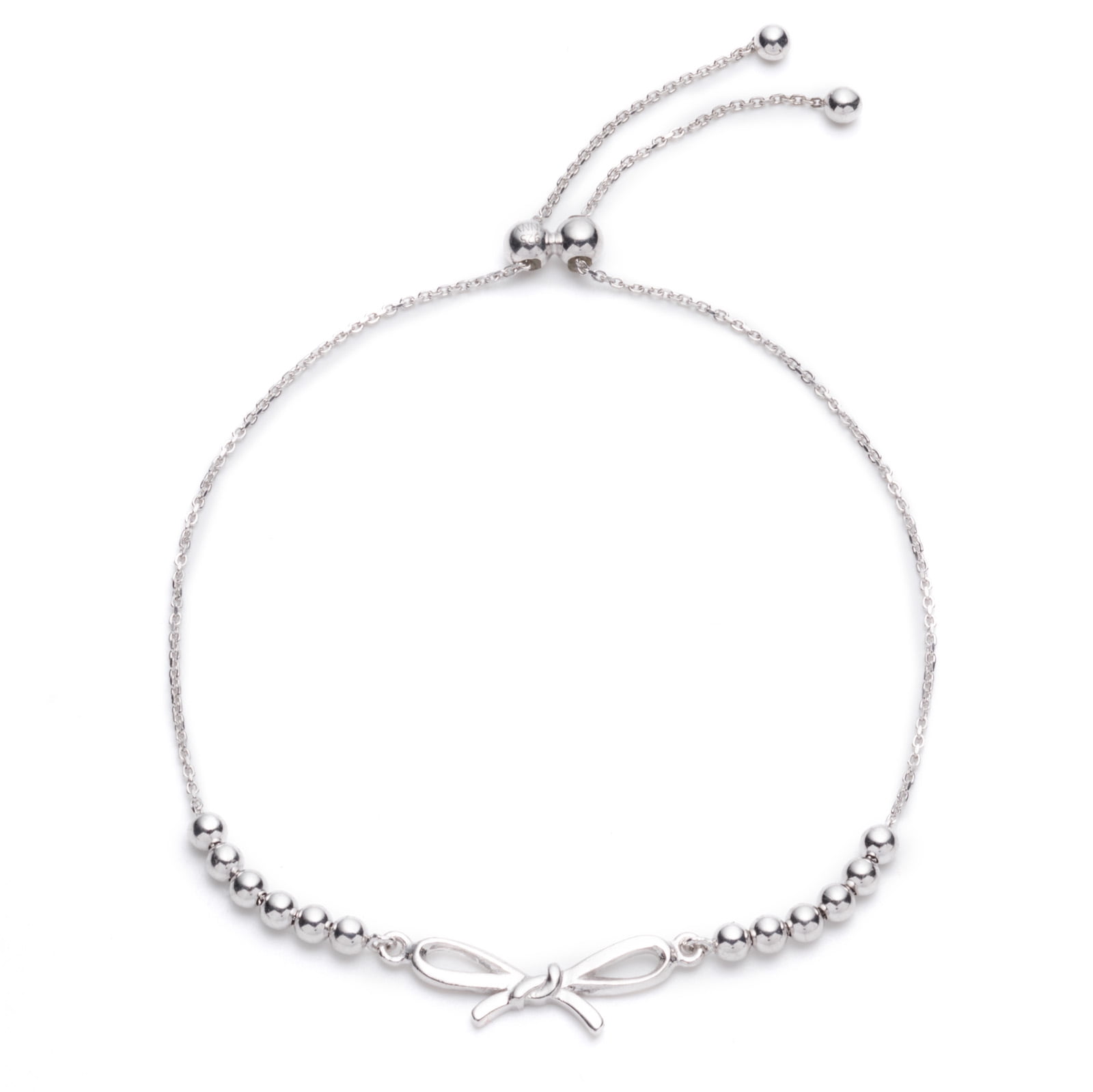 Rhodium Plated Sterling Silver Adjustable Beaded bracelet with Bow,  Expandable 9.25 Inch