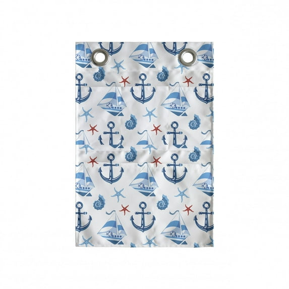 Marine Hanging Pocket Organizer, Sea Travel Elements Anchor Starfish Sailboat Seashell Nautical Marine Lifestyle, Printed Polyester Storage Bag with Pockets, 14" x 20", Sky Blue