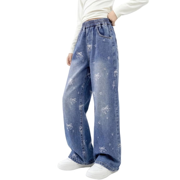 NAISIBABY Girls Straight Leg Jeans, with Pockets High Waist Cute Bow Fashion Casual Denim Pants Blue Size 14