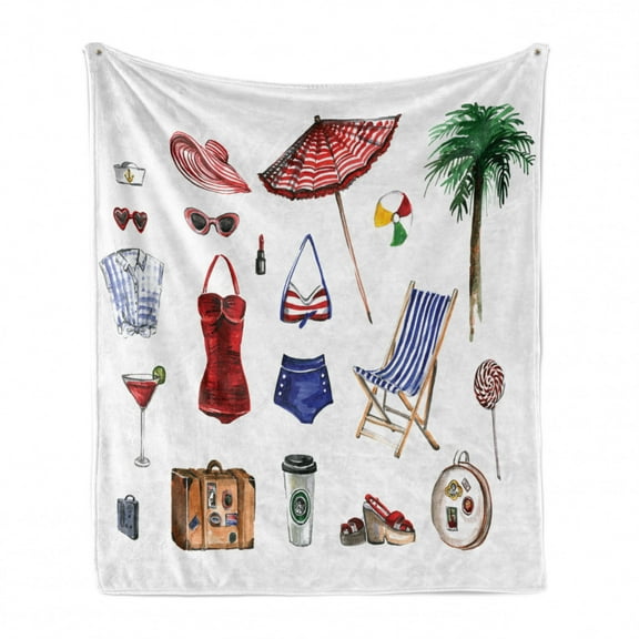 Feminine Soft Flannel Fleece Blanket, Nostalgic Female Beach Fashion Objects Solar Summer Travel Adventure Palms Concept, Cozy Plush for Indoor and Outdoor Use, 50" x 60", Multicolor, by Ambesonne