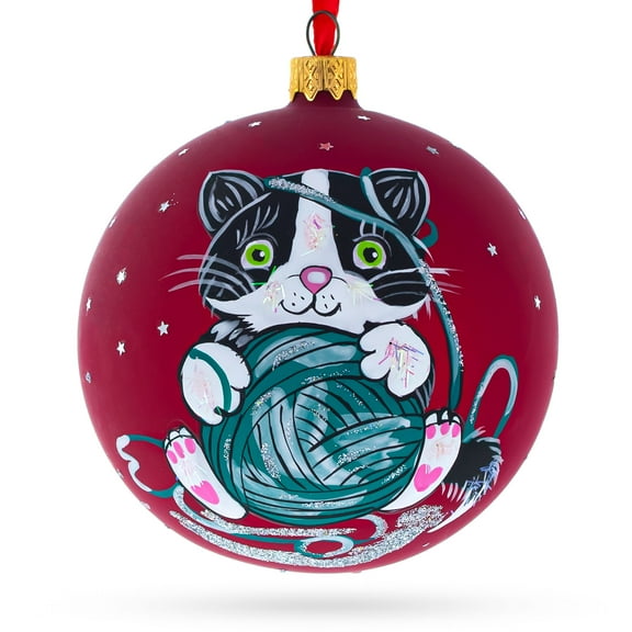 Kitten with Green Yarn Glass Ball Christmas Ornament 4 Inches