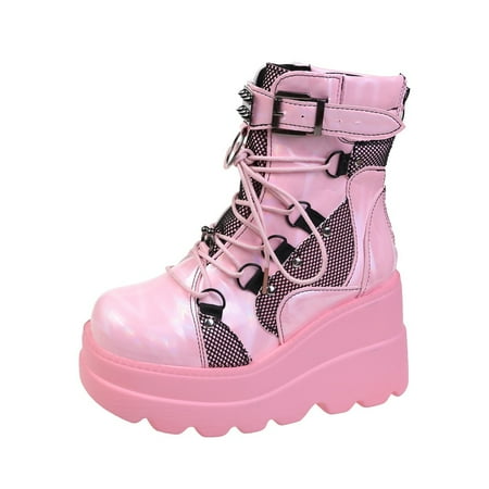 

Women‘s Studded & Buckle Decor Lace Up Ankle Boots Punk Style Wedge Heeled Boots Women‘s Y2K Style Shoes