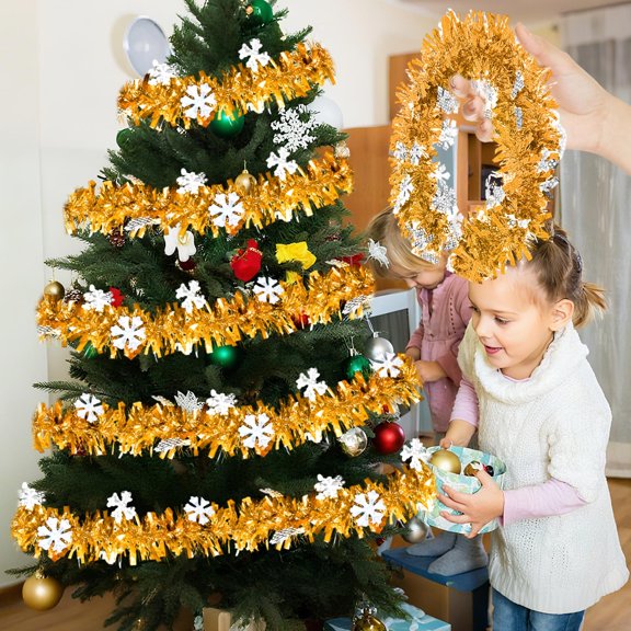 Lksixu Christmas Tinsel Garland, Christmas Decorations 6.6ft Glitter Metallic Twist Garland with Snowflake, Shiny Metallic Streamers Xmas Tree Hanging Ornaments for Wedding Birthday Party Supplies