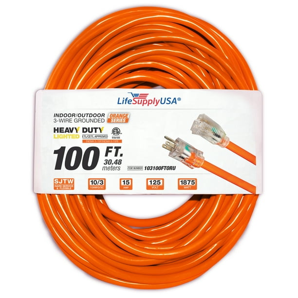 100 ft Extension Cord 10/3 SJTW with Lighted end Orange Indoor