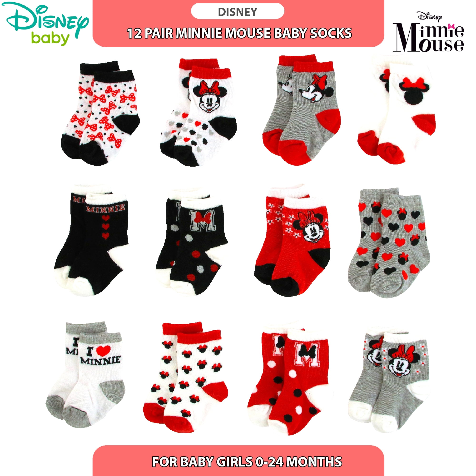Assorted Minnie Mouse Designs 12 Pack Baby Socks Variety Set Disney Baby Girl Socks Age 0-24 Months