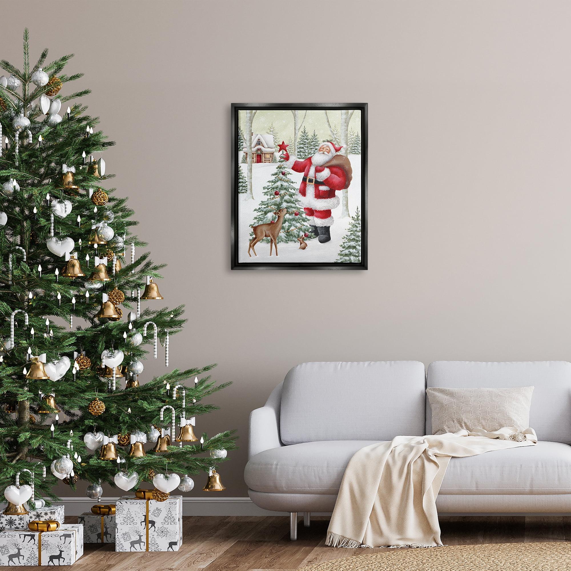 Stupell Industries Santa & Snowy Cabin Holiday Painting Black Floater Framed Canvas Art Print Wall Art, 25 x 31