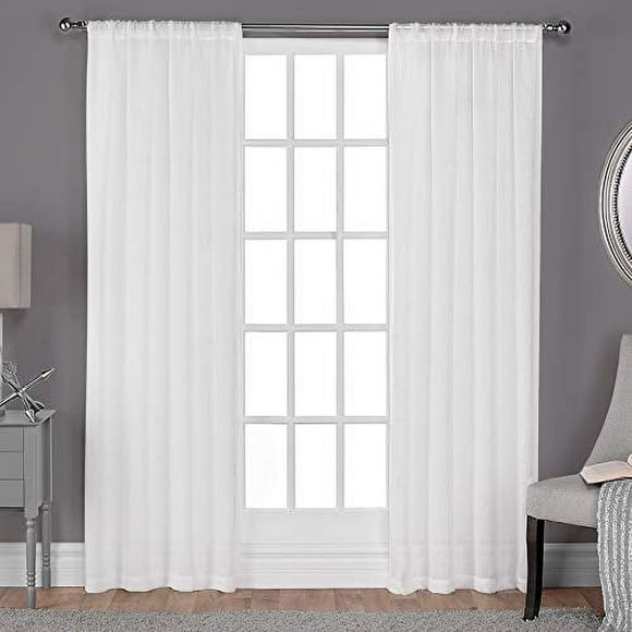 Exclusive Home Belgian Textured Linen Look Jacquard Sheer Rod Pocket Curtain Panel Pair, Winter White, 50x108, 2 Piece