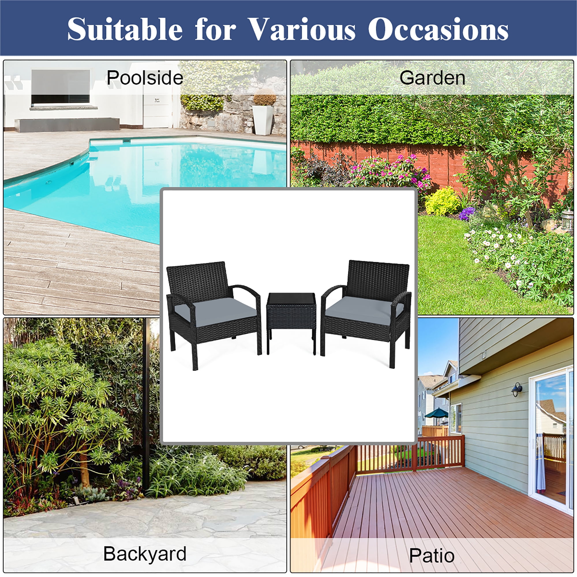 Costway 3PCS Patio Rattan Furniture Set Coffee Table Conversation Sofa Cushioned Gray
