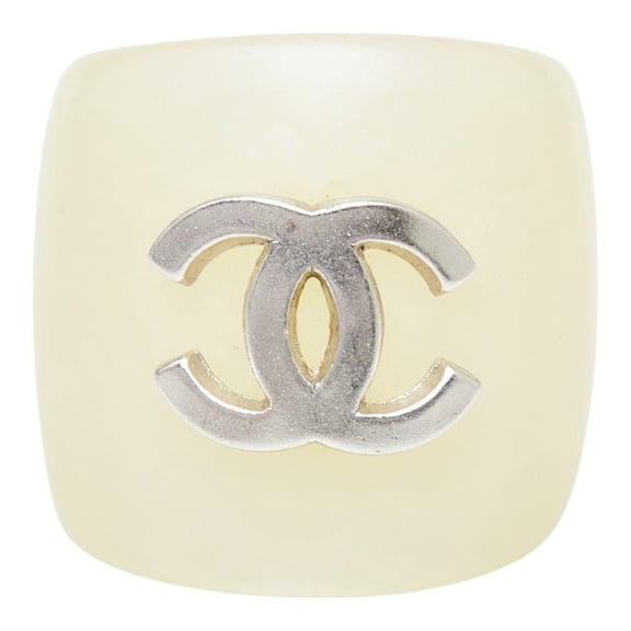 Pre-Owned Chanel Coco Mark Ring, Ivory Silver Plastic, Women's CHANEL