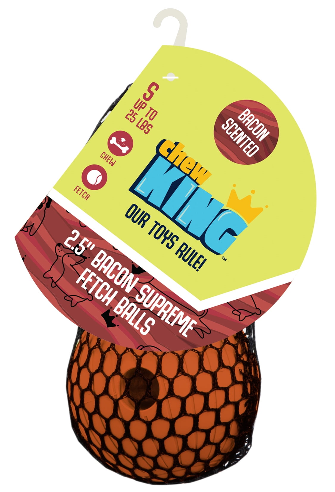Chew King By Mammoth 2.5" All-Natural Rubber Bacon Scented Supreme Fetch Balls, Orange, 2 Pack Set