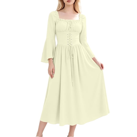 Fsgntruao Gothic Medieval Dress for Women Square Neck Long Bell Sleeve Solid Color Court Style Halloween Stage GownBeige,L
