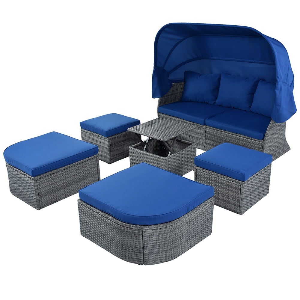 Canddidliike 6pcs Outdoor Patio Furniture Sectional Sofa Set, UV-Proof Resin Wicker Daybed Sunbed with Retractable Canopy, Cushions, Pillows, Lifting Table - Blue