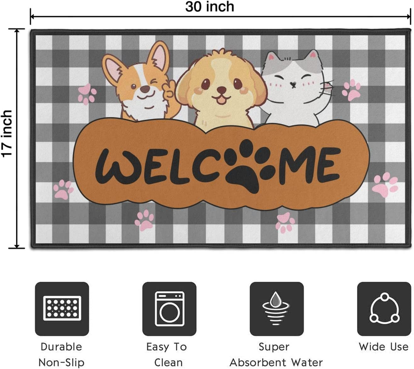 Cat Paws Plaid Doormat Non-Slip Absorbent Resist Dirt Front Door Mat Machine Washable Welcome Mats Outdoor Inside Floor Rugs for Entryway 30" X 17"