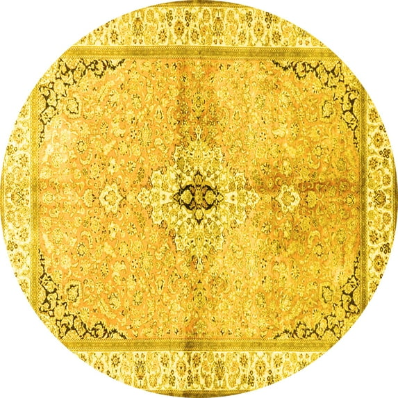 Ahgly Company Machine Washable Indoor Round Medallion Yellow Traditional Area Rugs, 5' Round