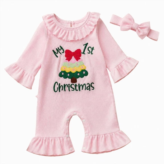 CAICJ98 My First Christmas Boy Girl Outfit Long Sleeve Christmas Tree Romper Jumpsuit with Headband Newborn Infant One Piece Winter Clothes,Size Newborn