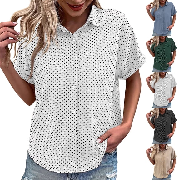 Dgankt Shirts for Women Collared Button-Front Polka Dot Short Sleeve Spring Summer Casual Top,Sizes S-2XL