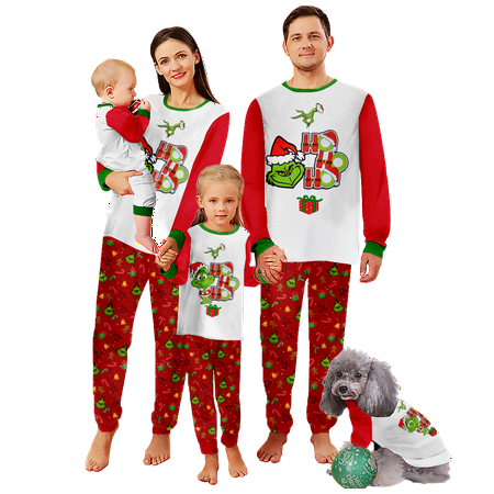 

FUNIER Family Matching Christmas Pajamas Green Santa Cartoon Printed Sizes for Adult-Kids-Baby-Pet 2-Piece Top and Pants Bodysuits Unisex Pajamas Sets