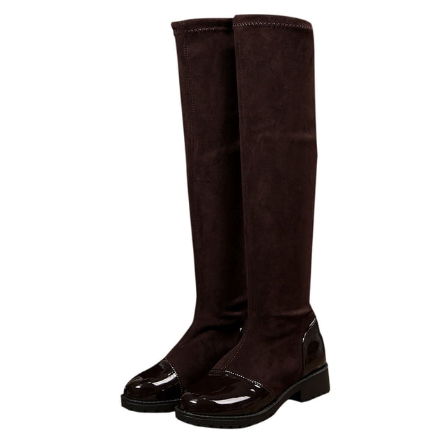 Brown Women'S Versatile Boots With Suede Material And Elastic Back Strap Patchwork Feature Perfect For Over The Knee Styling In Winter Seasons