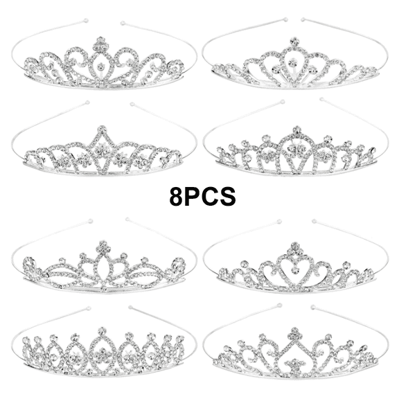 8Pcs Princess Crystal Tiara Crown Headbands, Silver Metal Glitter Rhinestone Hair Accessories, Girls Women Crown Headbands for Birthday Party, Wedding