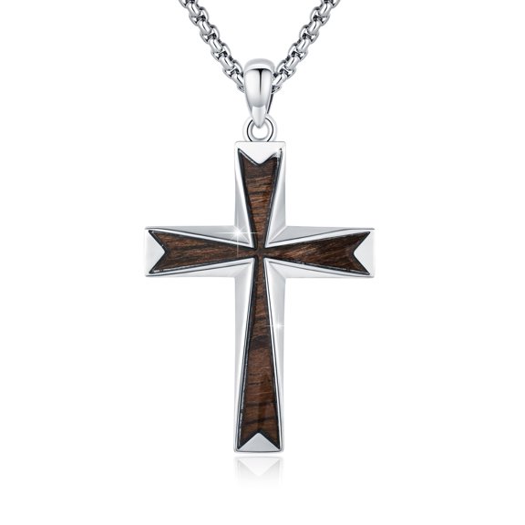 TRISHULA 925 Sterling Silver & Ebony Wood Cross Necklace for Men, Father's Day Gift, 22 2 Inch Chain