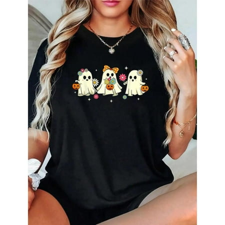 Halloween Cute Ghost Floral T Shirt Groovy Vintage Graphic Tee Season Short Sleeve Round Neck Black S-5XL