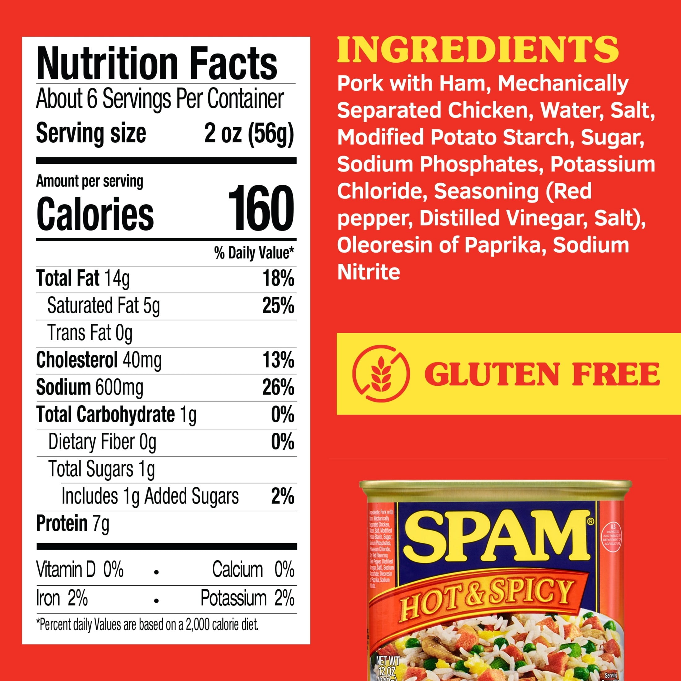 SPAM Hot and Spicy, 7 g of Protein per serving, 12 oz Aluminum Can (12 Pack)