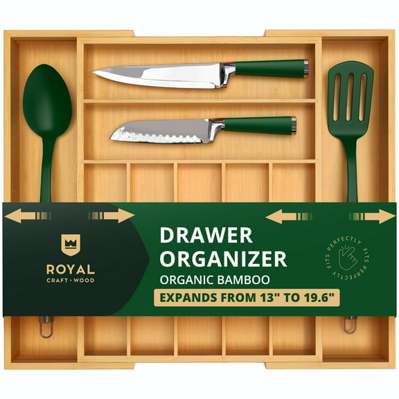 Royal Craft Wood Luxury Bamboo Kitchen Drawer Organizer - Silverware Organizer - Utensil Holder and Cutlery Tray with Grooved Drawer Dividers for Flatware and Kitchen Utensils (9 Slot, Natural)