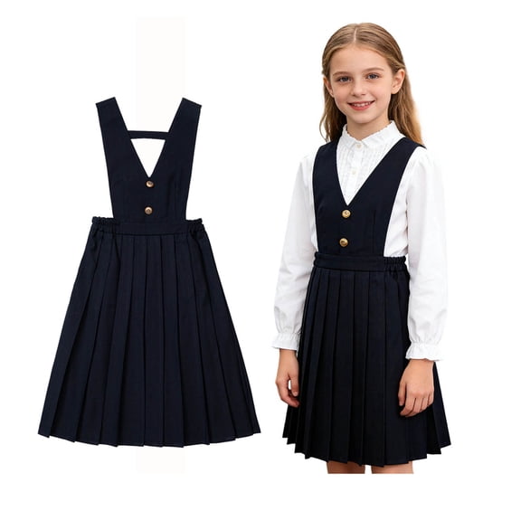 School Uniform Dress for Girls Sleeveless V-Neck Jumper Dress Pleated Skirt Summer Navy School Skirt Kids School Clothes 9-10 Years