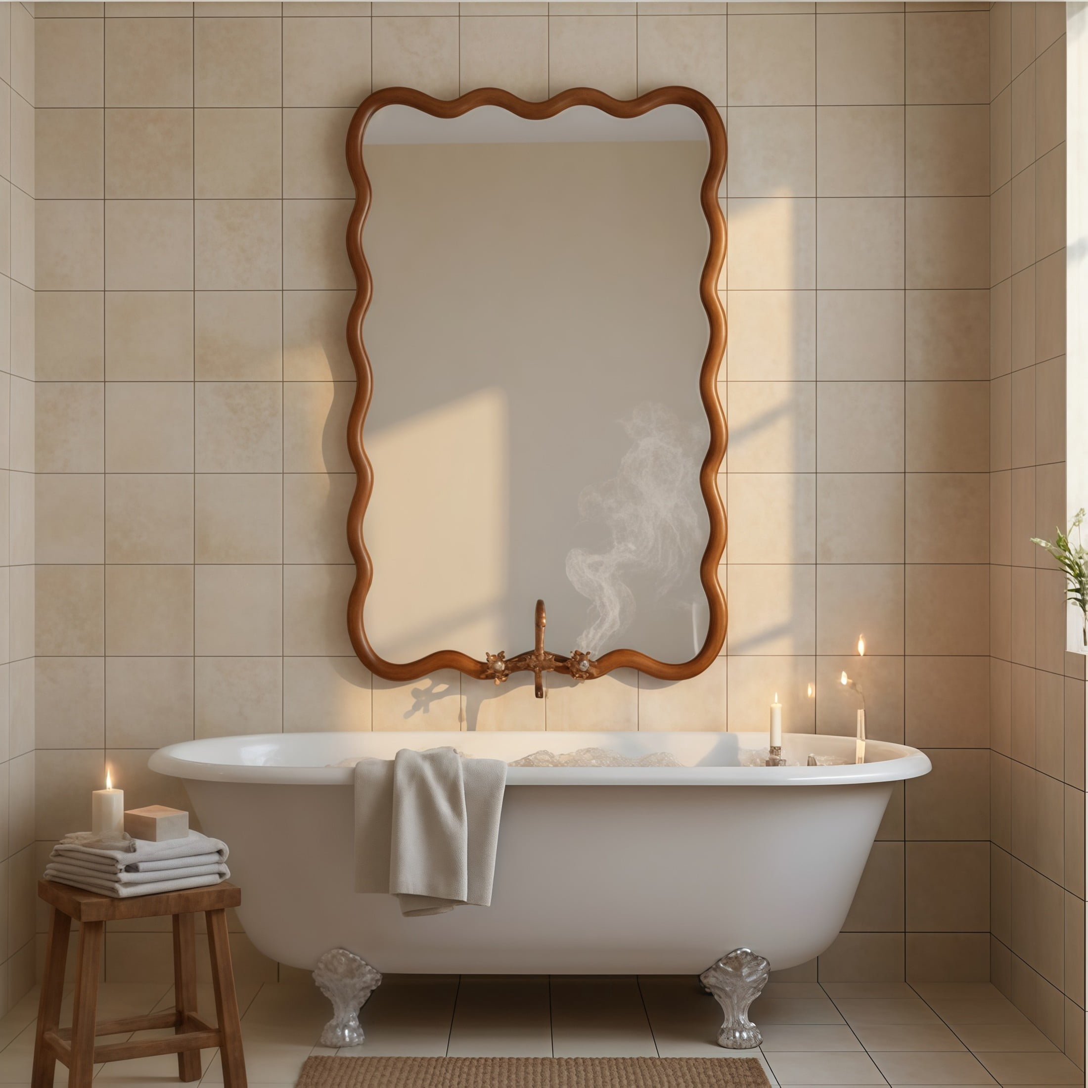 Noble House 24x36 Inch Wavy Rectangle Wall Mirror, Solid Wood Decorative Vanity Mirror, Yellow Brown